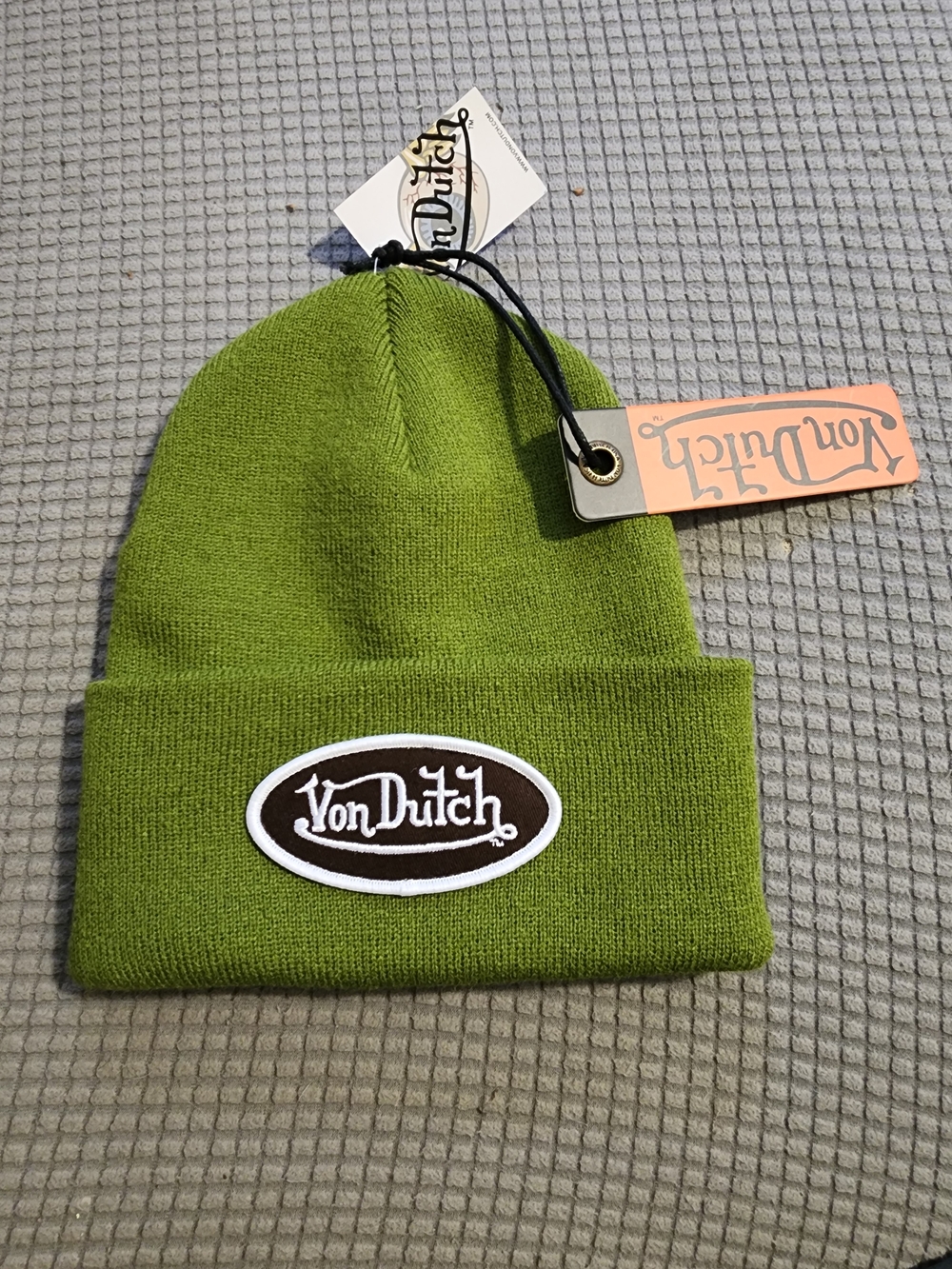 Von Dutch Olive Green Knit Beanie with Logo Patch
